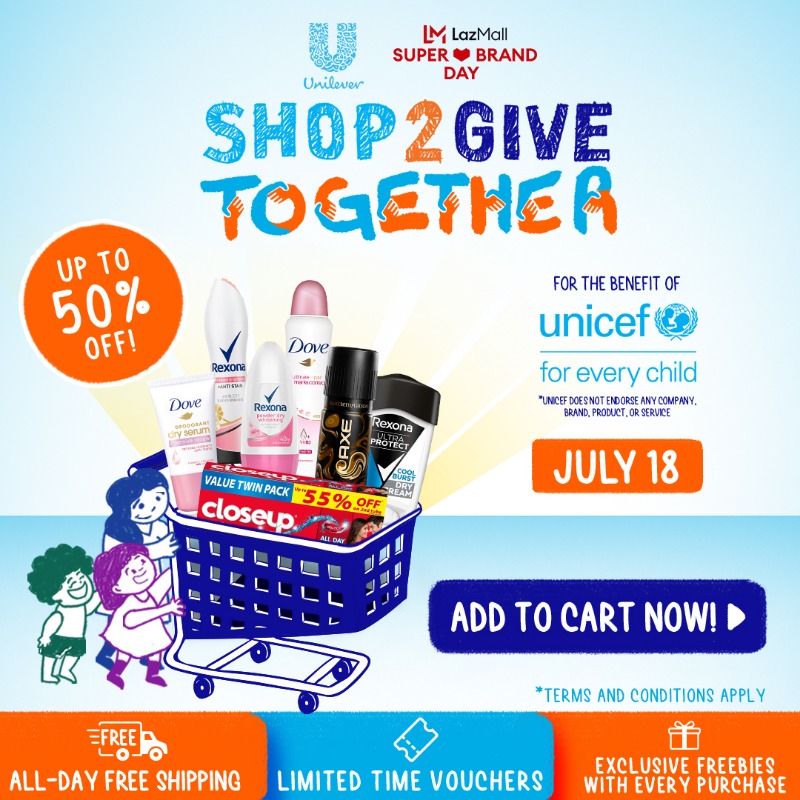 UnileverPhils's tweet photo. It's time to Shop2Give Together! Unilever together with Lazada invites you to its very special campaign that keeps on giving. Get exclusive DISCOUNTS up to 50% OFF, LIMITED VOUCHERS, FREE GIFTS, and ALL DAY FREE SHIPPING on your favorite Unilever brands. CHECK OUT ON JULY 18!