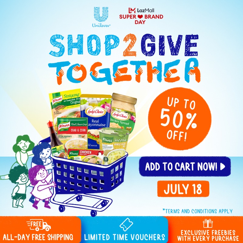 UnileverPhils's tweet photo. It's time to Shop2Give Together! Unilever together with Lazada invites you to its very special campaign that keeps on giving. Get exclusive DISCOUNTS up to 50% OFF, LIMITED VOUCHERS, FREE GIFTS, and ALL DAY FREE SHIPPING on your favorite Unilever brands. CHECK OUT ON JULY 18!
