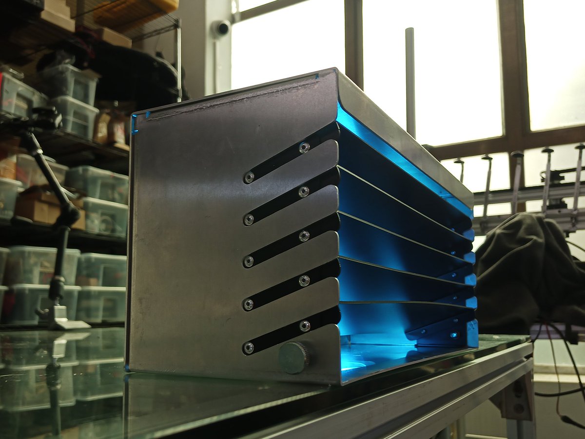 RealSexyCyborg's tweet image. All metal version of the Buterin-Wu Upper Room UVGI Fixture. This is an air sanitizing device designed for local manufacturing in any country. It can be made in most sheet metal shops equipped with laser or waterjet cutters for a fraction of the cost of current UR-UVGI products.