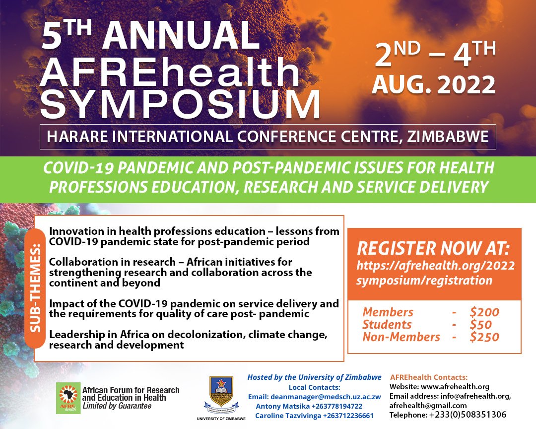 UZ-FMHS PETRA (@uzchsperfect) on Twitter photo Join us for the 5th annual AFREhealth symposium happening from 2-4 August 2022 in Harare. Towards quality health education, research and service delivery. <a href="/UZCHSRSC/">UZ-FMHS Research Management Unit</a> <a href="/UZimbabwe/">UofZimbabwe</a> <a href="/AFREHealth/">AFREhealth</a> <a href="/afrehealthorg/">AFREhealth Official</a> pic.x.com/Zh7hao99cc Join us for the 5th annual AFREhealth symposium happening from 2-4 August 2022 in Harare. Towards quality health education, research and service delivery. <a href="/UZCHSRSC/">UZ-FMHS Research Management Unit</a> <a href="/UZimbabwe/">UofZimbabwe</a> <a href="/AFREHealth/">AFREhealth</a> <a href="/afrehealthorg/">AFREhealth Official</a> pic.x.com/Zh7hao99cc