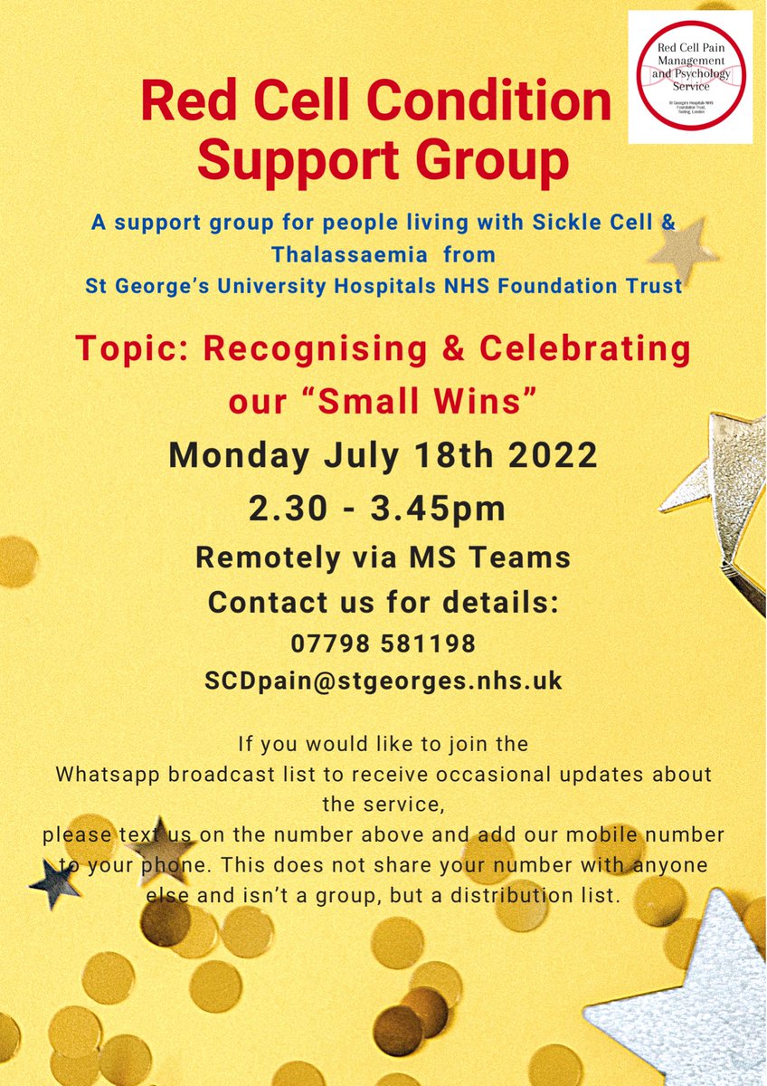 For our July support group session we will be sharing experiences of #smallwins.It can feel easier to celebrate big moments - but #smallwins can be like signposts that inspire us to do more of the things that matter to us.See below on how to join #sicklecell #thalassaemia <a href="/docesr/">Elizabeth Rhodes</a>