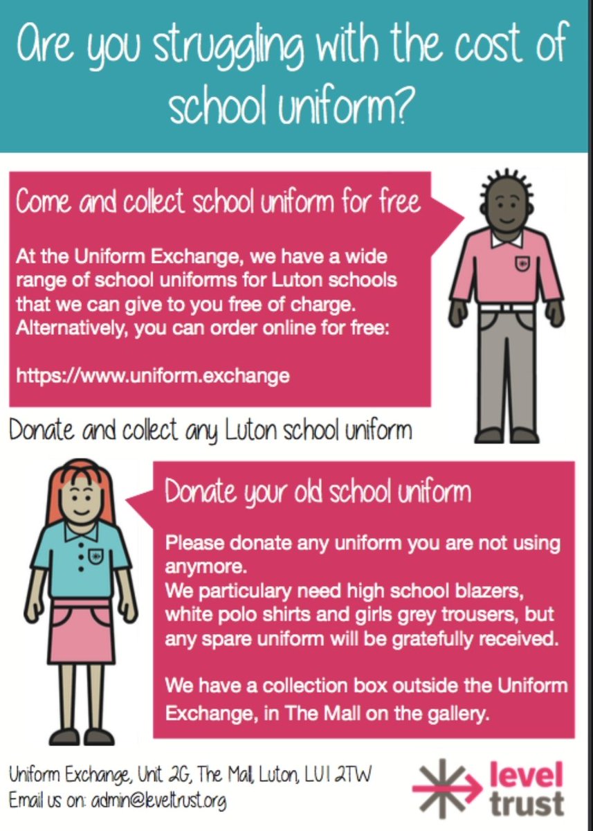 LevelTrust's tweet image. We need your help in promoting our summer school uniform drive.

With your help, we can get as many families as possible using our Uniform Exchange.

Get in touch on admin@leveltrust.org or 01582 550070 if you are able to help.