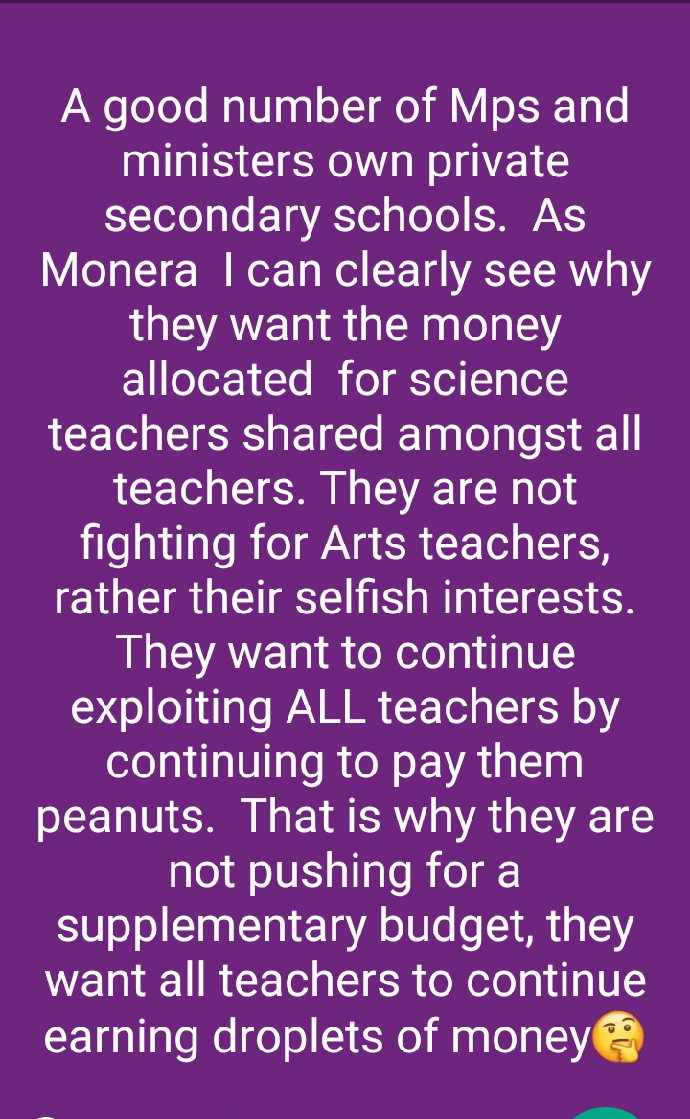 FelexMonera's tweet photo. It is now clear that  most occupants of @Parliament_Ug are not fighting for Arts teachers, they own private schools and want to continue exploiting all teachers, that is why they want the money for science teachers shared @AnitahAmong @KagutaMuseveni @OfwonoOpondo @nbstv https://t.co/FN2MgsxSmu