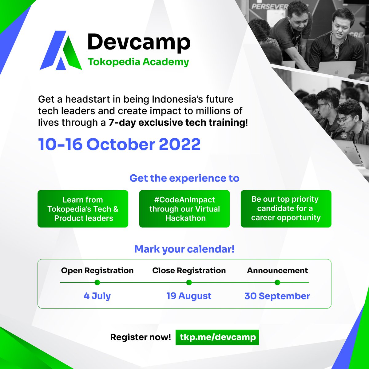 Apa kamu mahasiswa tingkat akhir atau fresh graduate yang ingin menjadi pemimpin teknologi Indonesia? Yuk ikuti program pelatihan ekslusif kami di Tokopedia Devcamp 2022! Daftar sekarang lewat tkp.me/devcamp dan menangkan hadiah hingga Rp 90 juta! #TokopediaDevcamp
