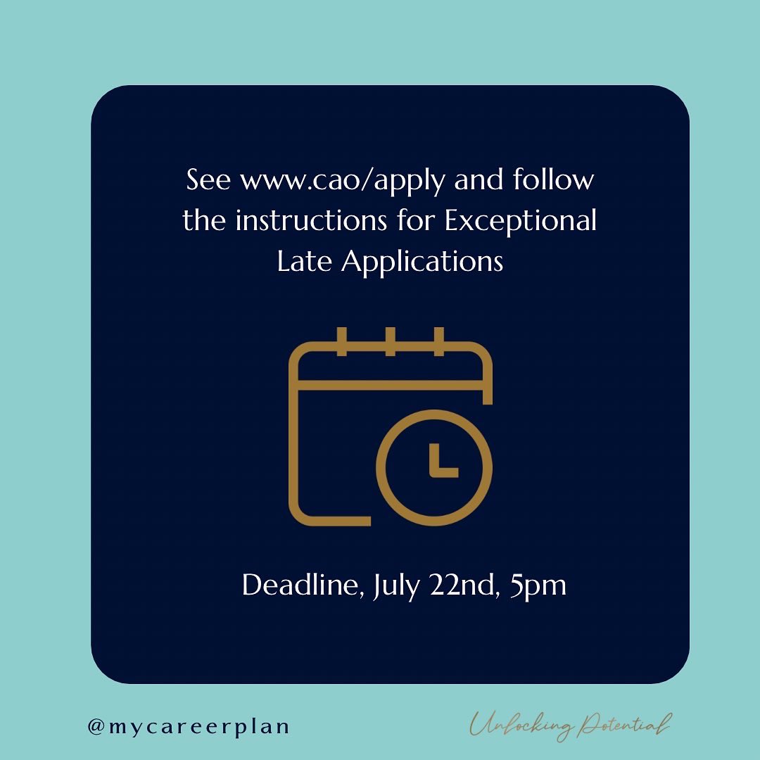 mycareerplan1's tweet image. The CAO exceptional closing date applies only to applicants who are registered as an undergraduate student on 1st May 2022 in any year in any one of the participating HEIs (subject to the exclusions listed below). For all details see - cao.ie/apply.php #cao #changecourse