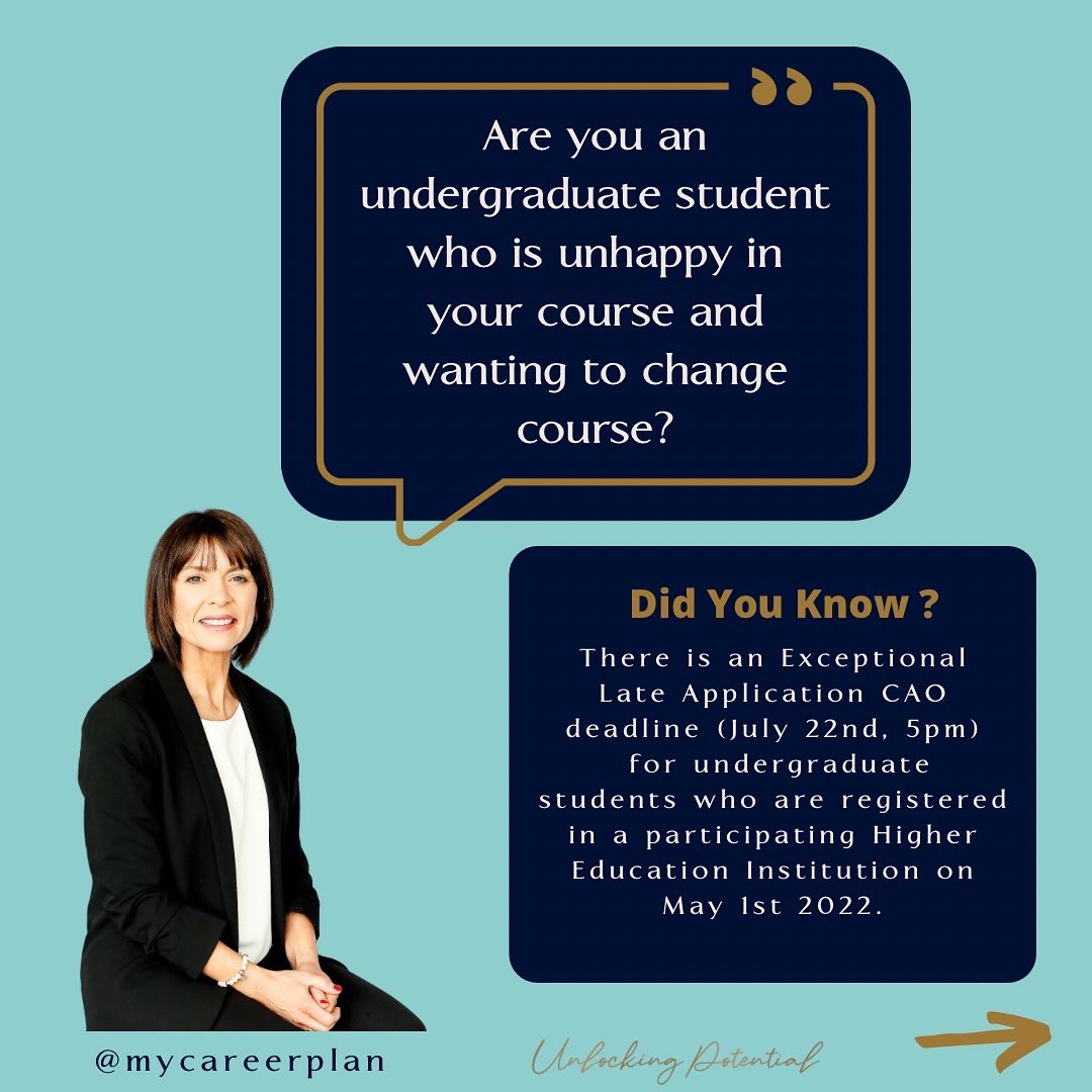 mycareerplan1's tweet image. The CAO exceptional closing date applies only to applicants who are registered as an undergraduate student on 1st May 2022 in any year in any one of the participating HEIs (subject to the exclusions listed below). For all details see - cao.ie/apply.php #cao #changecourse