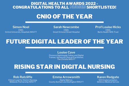 Fantastic to see the Nursing representation at the 2022 Digital Health Awards -

There are two nursing categories – CNIO of the Year &amp; Rising Star in Digital Nursing...

Congratulations to all the nurses who made the shortlist! 
digitalhealthsummerschools.com/digital-health…