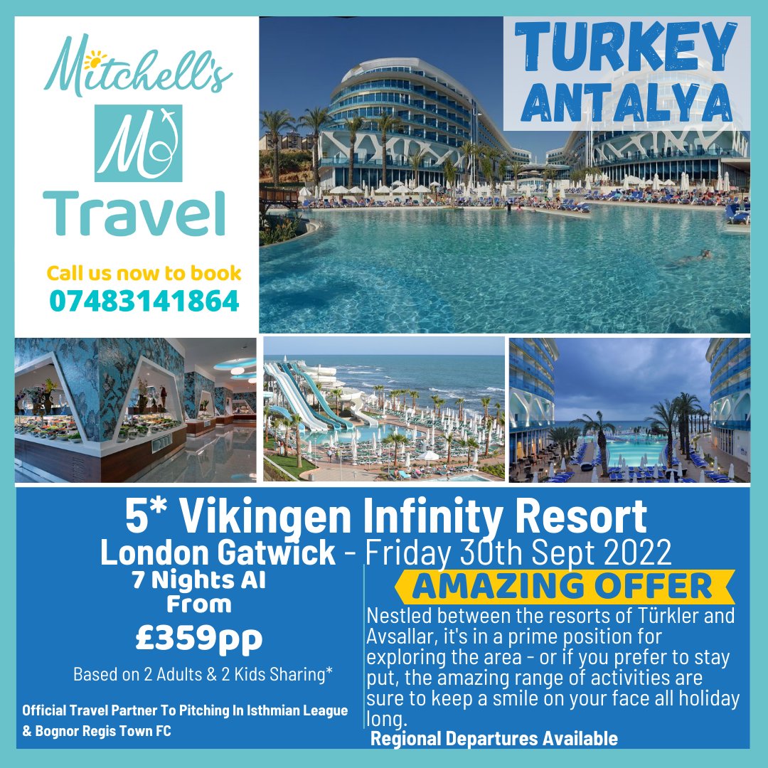 ☀️Antalya, Turkey☀️
💥AMAZING OFFER💥
✈️ Multiple UK Departures 
SEE PICTURE FOR FULL DETAILS
🌟 Call Mitchell’s Travel Today To Book Your Next Holiday
☎️ 07483141864
⚽️ Official Travel Partners To <a href="/IsthmianLeague/">The Pitching In Isthmian League</a> &amp; <a href="/rocks1883/">Bognor Regis Town</a> 
#holidays #turkey