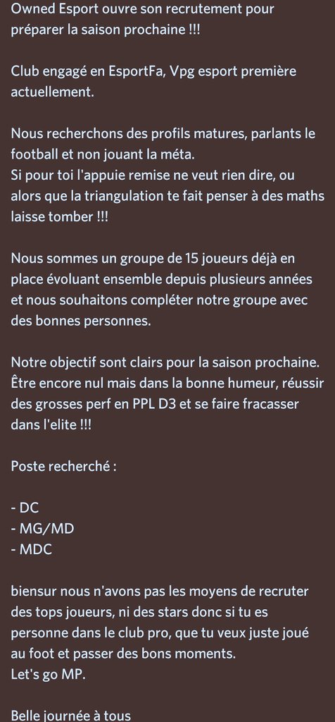 OWNED ESPORT (@owned_pro_club) on Twitter photo ⚠️⚠️ RECRUTEMENT ⚠️⚠️
Nous préparons la saison fifa 23 et pour préparer cet opus nous complétons notre groupe afin de créer un collectif sérieux, solide pour cette nouvelle saison.
#proclubs <a href="/OwnedPs4/">Owned.PS4</a> <a href="/AgentDuCP/">Agent Du Club Pro</a> <a href="/Freeagent_PS/">Pro Clubs Free Agency</a> ⚠️⚠️ RECRUTEMENT ⚠️⚠️
Nous préparons la saison fifa 23 et pour préparer cet opus nous complétons notre groupe afin de créer un collectif sérieux, solide pour cette nouvelle saison.
#proclubs <a href="/OwnedPs4/">Owned.PS4</a> <a href="/AgentDuCP/">Agent Du Club Pro</a> <a href="/Freeagent_PS/">Pro Clubs Free Agency</a>