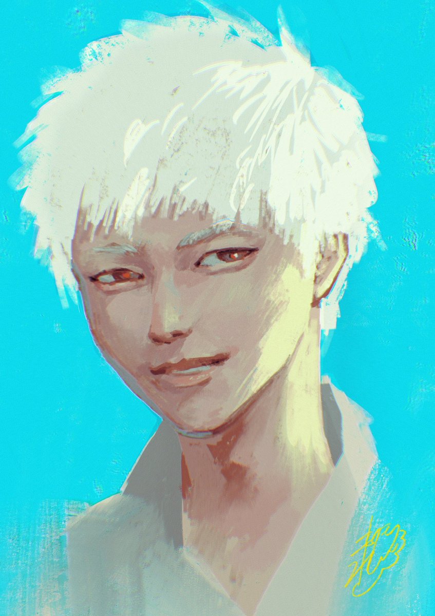solo 1boy male focus white hair shirt blue background collared shirt  illustration images