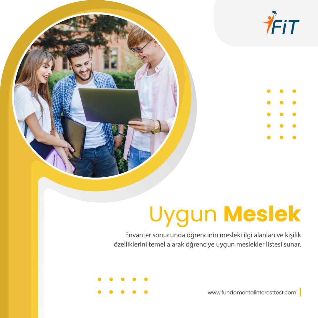 Mesleki Analiz Testi FiT ile sorulara verdiği yanıtlar referans alınarak öğrencilere en uygun meslekler tespit edilerek sıralanabilir.
fundamentalinteresttest.com

#fit #fundamentalinteresttest #fittest #tercihdönemi #tercihdanışmanlığı #lise #universite #yks2022 #ayt #tyt #meslekler