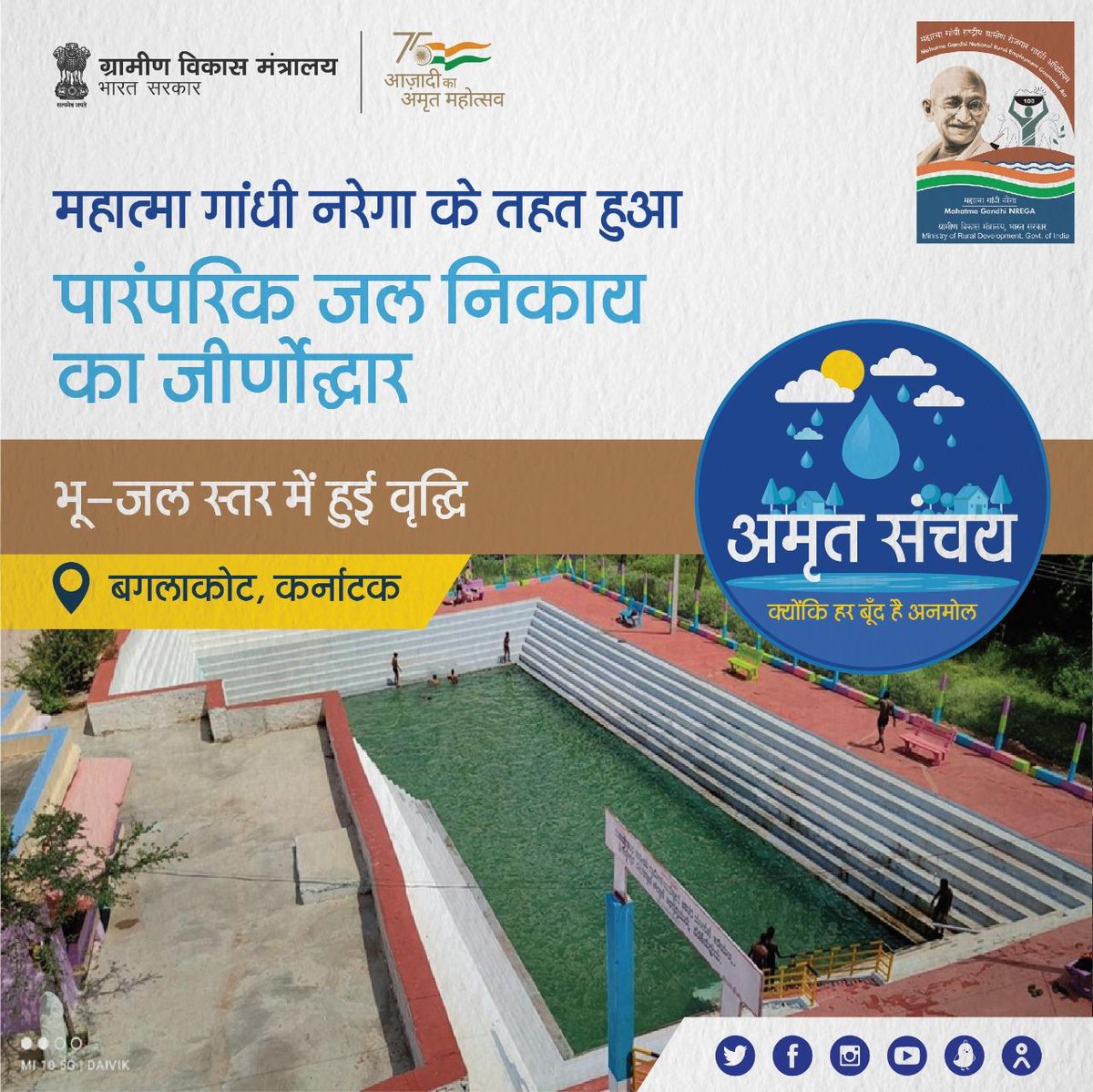 MoRD_GoI's tweet photo. #MGNREGA के तहत #Karnataka के होसुर के सिद्धेश्वर मंदिर परिसर के 200 साल पुराने पारंपरिक जल निकाय का कायाकल्प हुआ। यह जल निकाय, जिसे कर्नाटक में कल्याणी कहते हैं, दशकों से इस्तेमाल में नहीं था। परिणामस्वरूप, क्षेत्र के भू-जल स्तर में हुई वृद्धि। #AmritSanchay https://t.co/FVjQJvnaSa