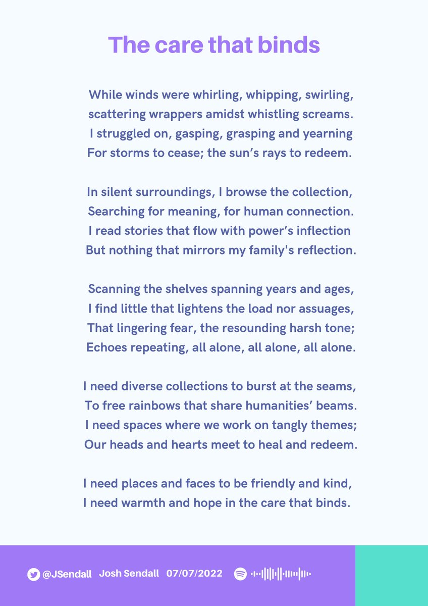 Thank you to everyone who joined for my Keynote: The care that binds: of stories yet untold #ALN22! 

Sharing my slides and a poem that follows the journey of a person looking for hope in libraries. Kindness and compassion can bloom ☺️

canva.com/design/DAFCA2N…