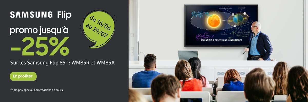 💼 Pour cette rentrée, profitez de SAMSUNG Flip 85"  : le tableau numérique interactif dernière génération de Samsung

🔥 Profitez de la promo en cours chez Sidev jusqu'au

👉 store.sidev.fr/products/detai…