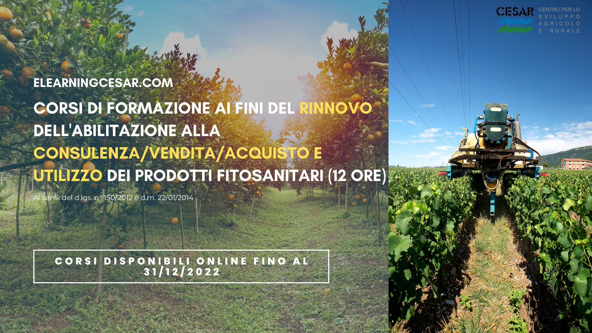 cesarumbria_'s tweet photo. Hai già rinnovato il tuo patentino per utilizzatore, consulente o venditore di prodotti fitosanitari? Puoi farlo con CESAR! 
Segui il nostro corso online per il rinnovo  📄
Il corso ha una durata di 12 ore in modalità asincrona. Non è previsto esame finale 🖊 https://t.co/zEA6x1tl4S