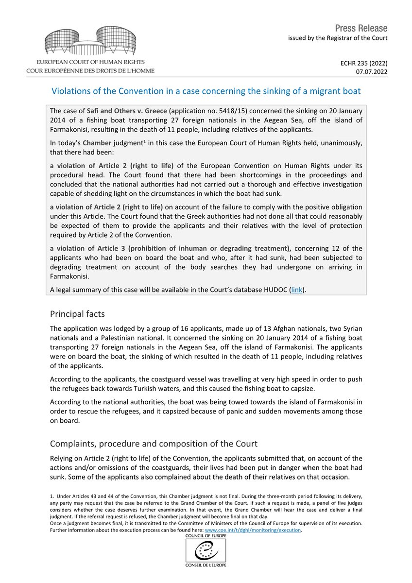 Judgment Safi and Others v. Greece - Sinking of a migrant boat
hudoc.echr.coe.int/app/conversion…
#ECHR #CEDH #ECHRpress