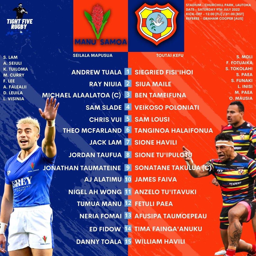 🇼🇸 𝗠𝗔𝗡𝗨 𝗦𝗔𝗠𝗢𝗔 𝘃 𝗧𝗢𝗡𝗚𝗔 🇹🇴

Wholesale changes for both Samoa (9) &amp; Tonga's (8) starting XV.

Tonga are bolstered by the addition of Tameifuna &amp; Lousi to the tight five.

Samoa welcome former Baby Black Jordan Taufua!

#IkaleTahi #ManuSamoa #LeManu #PacificNationsCup