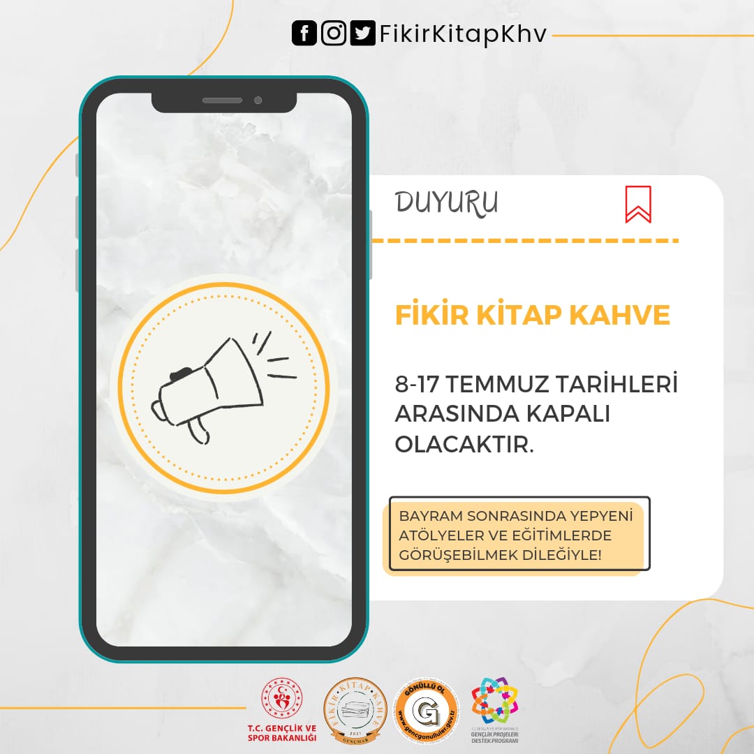 Herkese merhaba, 
Fikir Kitap Kahve 8-17 Temmuz tarihleri arsında kapalı olacaktır. Şimdiden iyi bayramlar 😊🍬

#fikirkitapkahve #gençlikvesporbakanlığı #gsbproje #kitapkahveproje #gençkahramanmaraşlılarderneği #ankara #kızılay #fkk #kitap #kahve