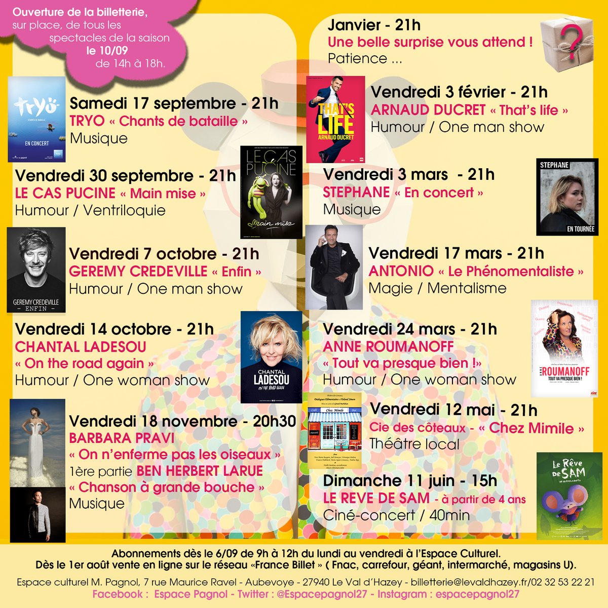 #Aubevoye #Levaldhazey📣C'est officiel ...révélation de la saison 2022-2023 !
Les billetteries seront dispos 1/08 sur les réseaux France billet 6/09 pour les abonnés 10/09 ouverture de toute la saison🤩Info au 02 32 53 22 21 ou à billetterie@levaldhazey.fr. De bonnes vacances😎