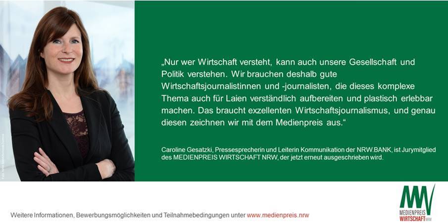 👉"Wir brauchen gute Wirtschaftsjournalist*innen", findet <a href="/gesatzki1/">Caroline Gesatzki</a>, Pressesprecherin und Leiterin der Unternehmenskommunikation <a href="/NRWBANK/">NRWBANK</a>. Sind Sie es? Dann bewerben Sie sich unter nrwbank.de/de/die-nrw-ban…