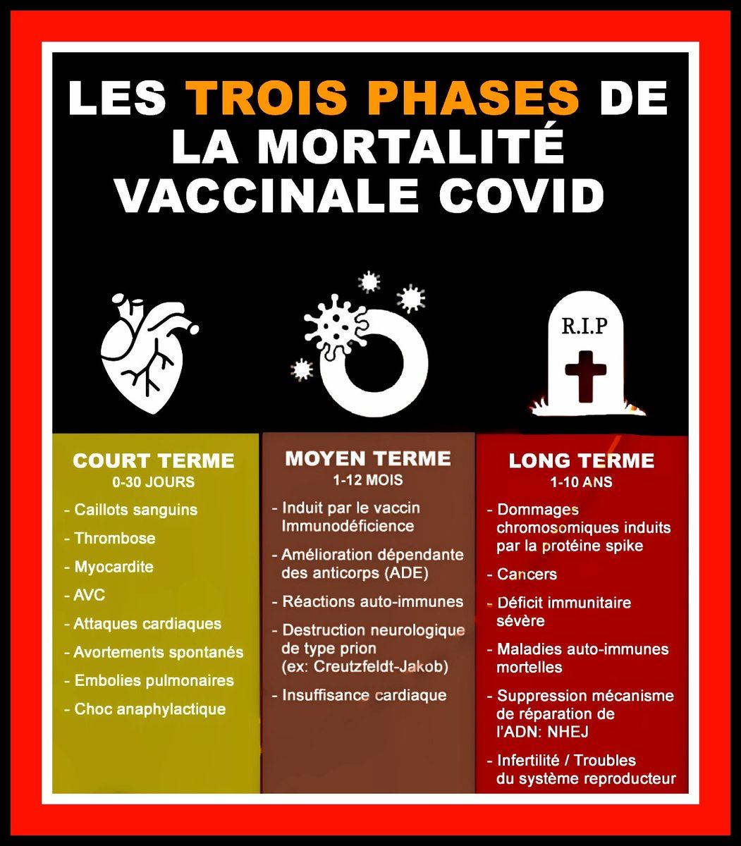 Je n'ai rien contre les vrais vaccins!
Mais JMAIS ds l'histoire de la médecine 1 vax n'avait provoqué autant d'effets secondaires GRAVES que ces injections expérimentales!
Les + inquiétants sont à venir
- augmentation de la stérilité
- modifications héréditaires sur notre génome
