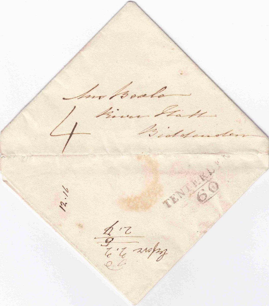 Triangular envelope used from Tenterden to Biddenden #Kent, charged "4" Letter undated but hand stamp recorded in use 1808-1821. #philately  #stampcollecting #stamps #philatelic #stampcollector #postalhistory #lookfortheshield #gbstamps