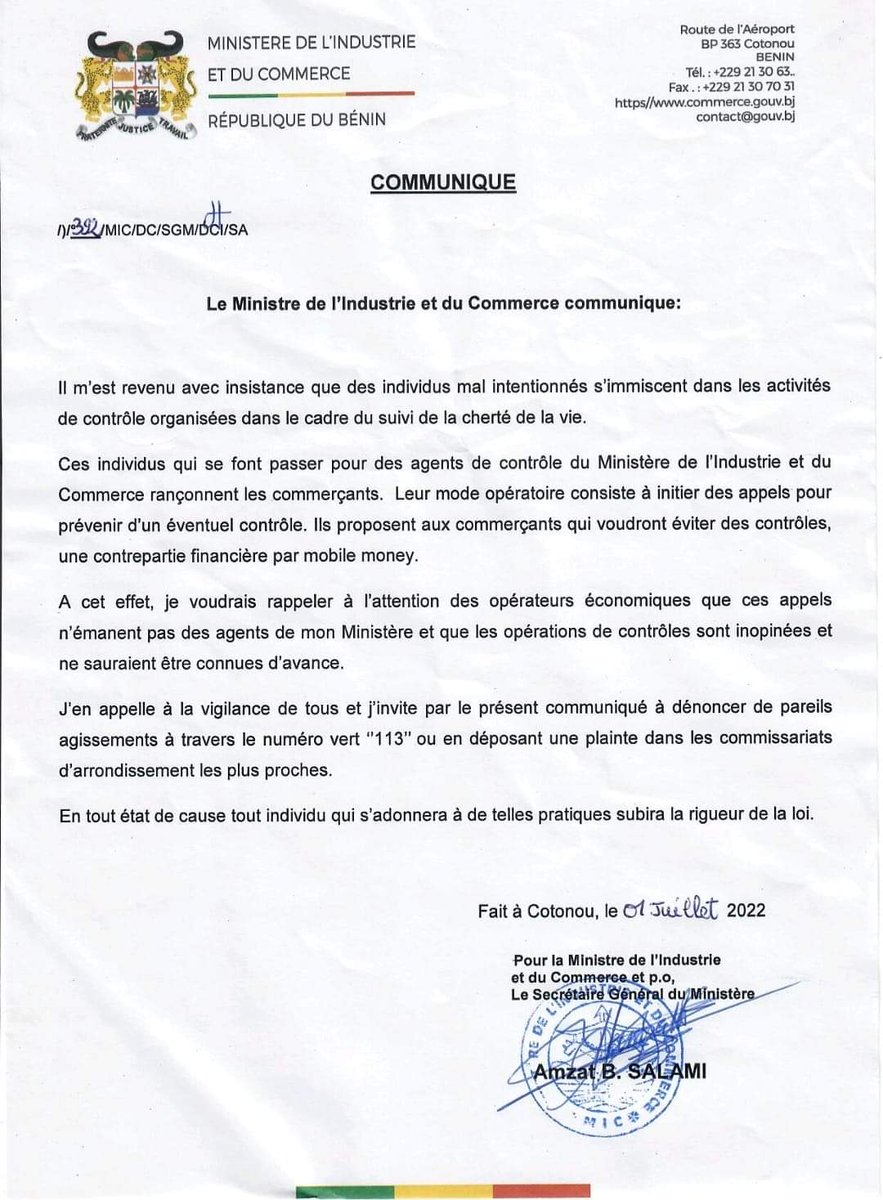 lanationbenin's tweet image. Communiqué du Ministre de l’Industrie et du Commerce appelant les opérateurs économiques à la vigilance et à dénoncer à travers le N° Vert 113 ou en déposant une plainte dans les Commissariats

Lire le communiqué ci-joint

#LANATIONBENIN 
#WASEXO
#ACTUALITES
