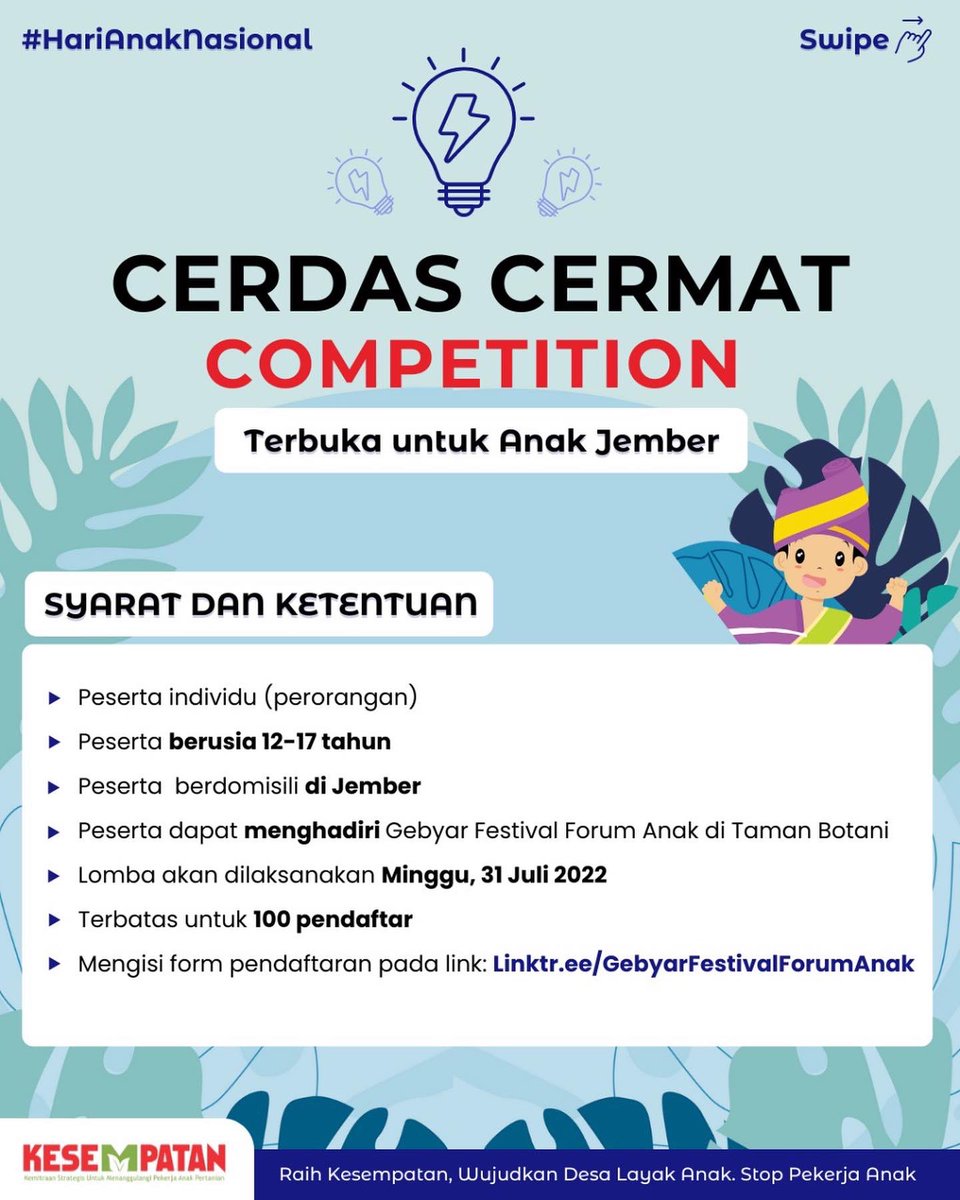 [LOMBA-LOMBA GEBYAR FESTIVAL FORUM ANAK]

Waktu pendaftaran sampai 20 Juli 2022, ikuti lomba nya:

Kamu bisa mengakses panduan-panduan lomba melalui:
paaclaindonesia.org/road-to-gebyar…

Pendaftaran lomba melalui:
Linktr.ee/GebyarFestival…

#HariAnakNasional2022 #AnakTerlindungi #IndonesiaMaju