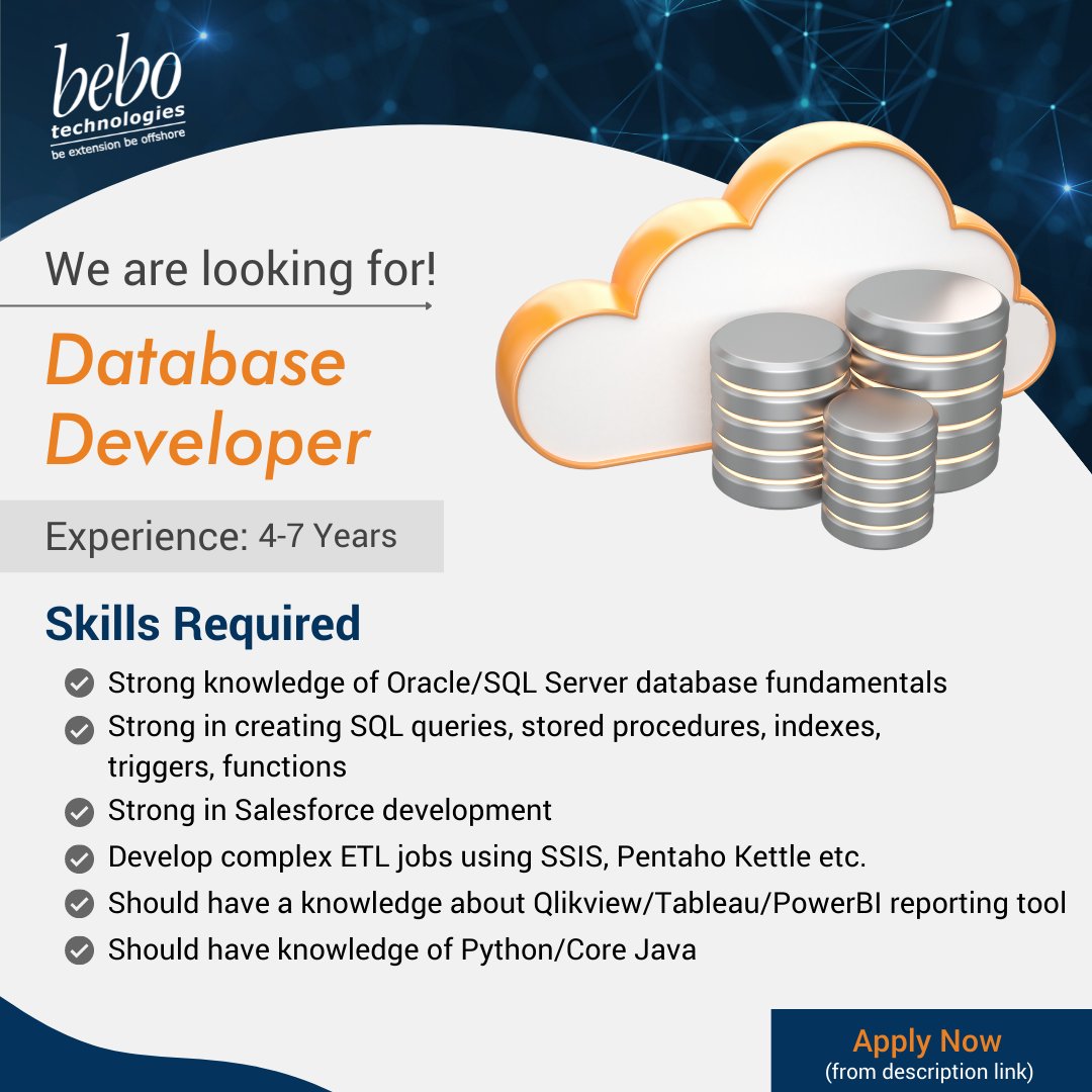 bebotechchd's tweet image. Join an outstanding 74 NPS-rated team. We are always excited to meet talented folks. We value your diverse interests, skills, and career goals. Be a part of the adventure
Apply Here: bit.ly/3ImFVPh
#database #dbdeveloper #databasejobs #technology #bebotechnologies