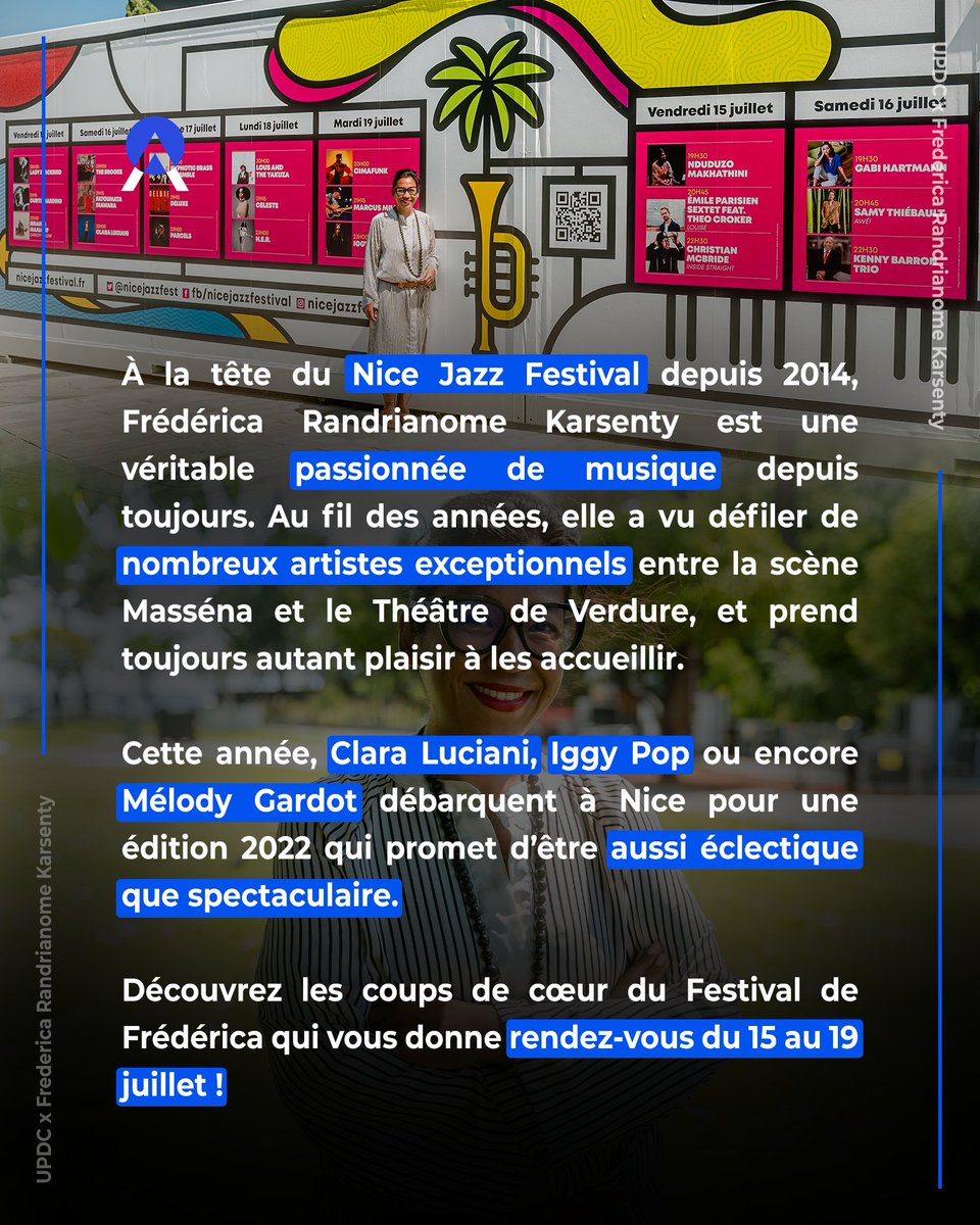 UPDC_Lemission's tweet photo. 🎶 Rendez-vous lundi à 18h avec Frédérica Randrianome Karsenty, directrice du Nice Jazz Festival pour notre 30ème épisode de #LAzureenDeLaSemaine.

#NiceJazzFestival #ExploreNiceCotedAzur #CotedAzurFrance #Nice06 #ILoveNice @VilledeNice @fredericamusic https://t.co/AISmwkxCz1