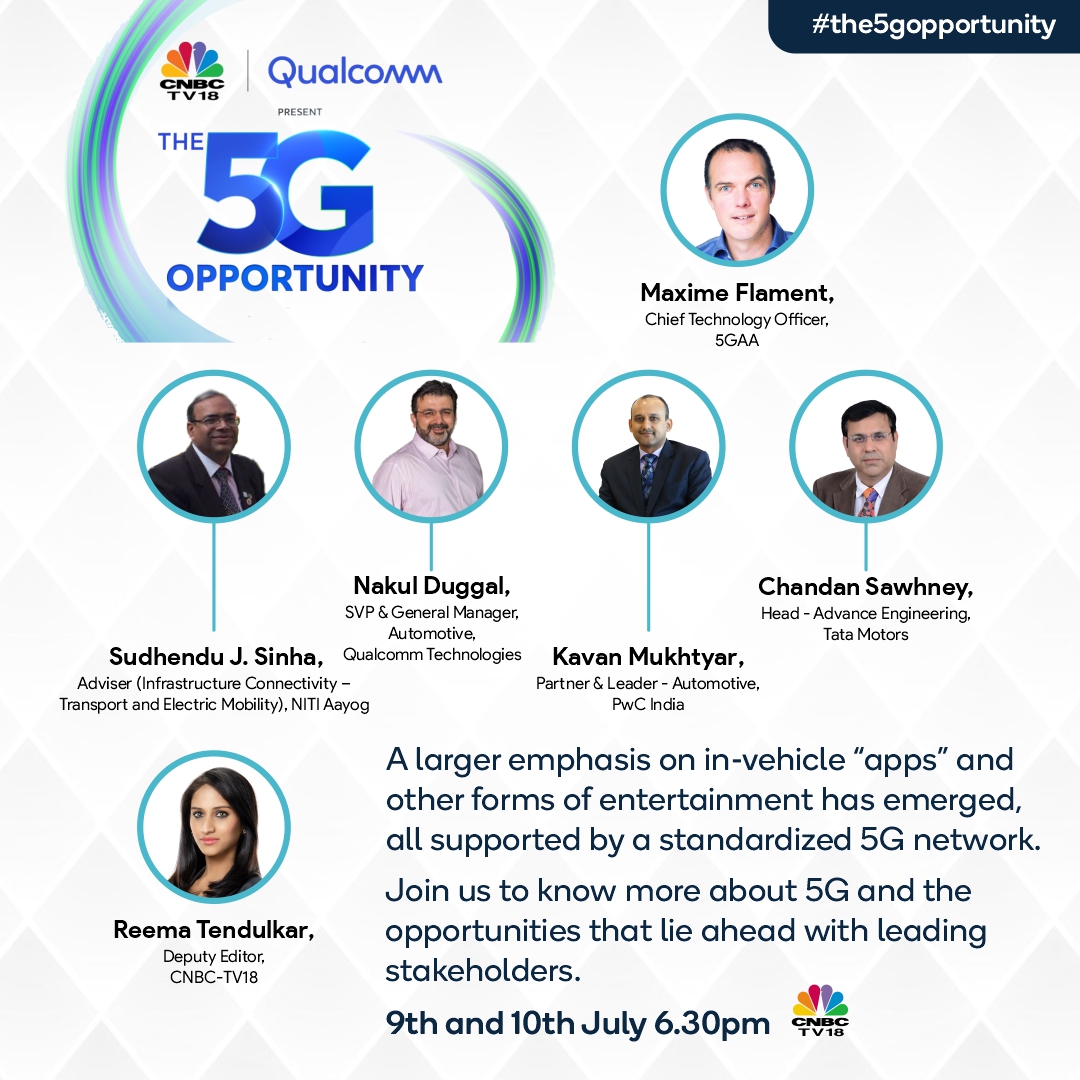 CNBCTV18News's tweet photo. Experts share key insights on potential of #5Gtechnology to shape the future of automotive industry &amp; become a key influencer in making roads safer &amp; more eco-friendly. Unravel the potential of 5G technology with #Qualcomm &amp; CNBC-TV18 on #The5GOpportunity

https://t.co/ulzIH2Pw9v https://t.co/PzIyCMNCF8