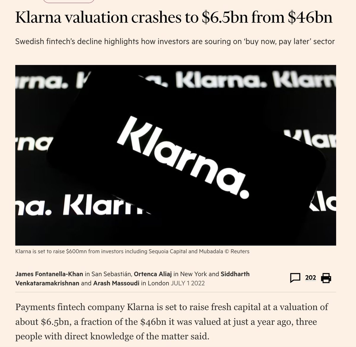 Klarna's valuation is reportedly being cut by ~86%.

Lots of Klarna folks are losing money because of Klarna's weird RSU policy. The company did not issue double-trigger RSUs: which means people paid taxes on their shares at the high valuation.

What a strange choice by Klarna...