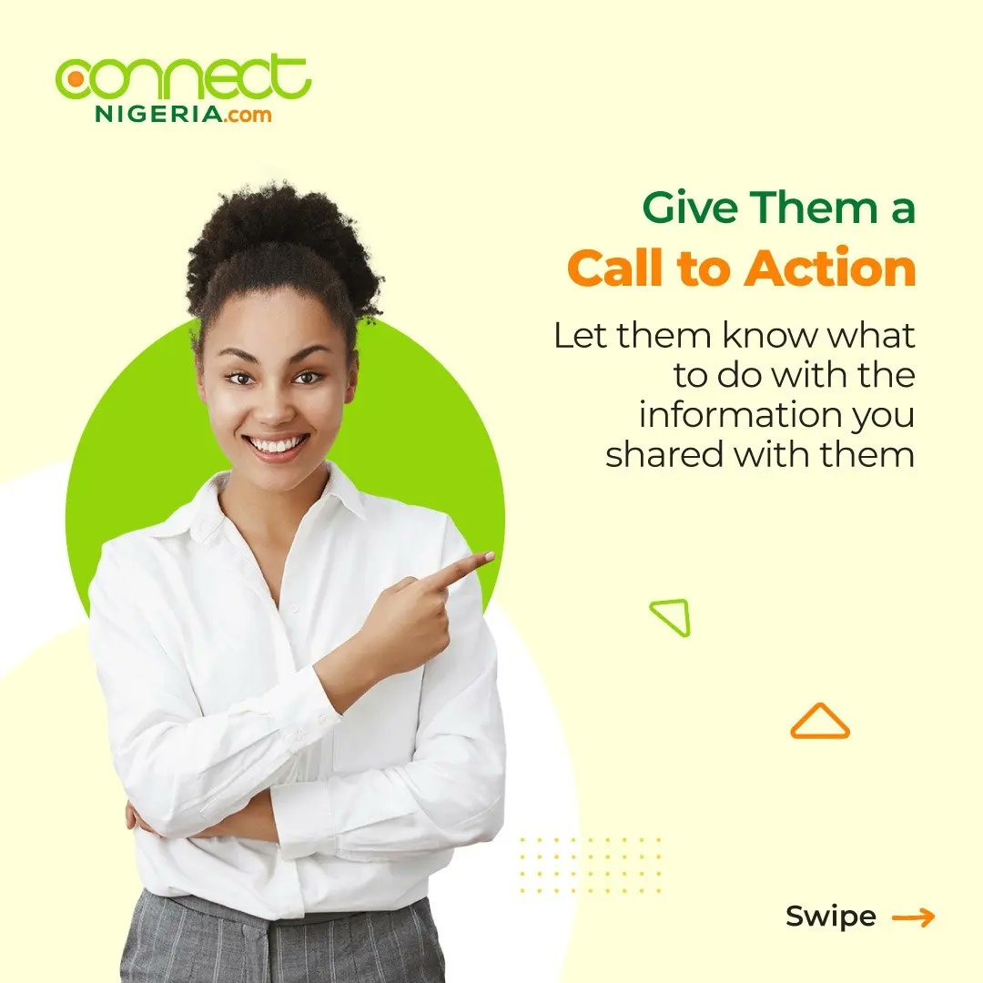 ConnectNigeria's tweet photo. - Give them a call to action
Let them know what to do with the information you shared with them.

Like, Comment, Share!

Follow @ConnectNigeria for more tips to grow your business.

#networking #networkingbusiness #networkingevents #socialnetworking #networkingbiz https://t.co/pHMPgxcuzf