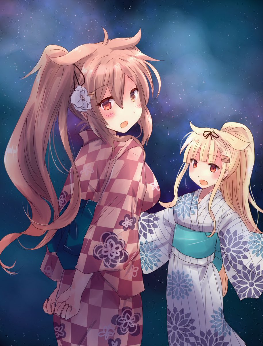 murasame (kancolle) ,yuudachi (kancolle) ,yuudachi kai ni (kancolle) multiple girls japanese clothes 2girls kimono long hair hair flaps red eyes  illustration images