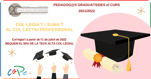 CopecPedagogs's tweet photo. 🎓 #Pedagogs i #Pedagogues que us heu graduat enguany...
📢 El COPEC us dona la benvinguda a la professió i us BECA el 50% en l'ALTA COL·LEGIAL.
Suma't al col·lectiu col·legial! Amb tu, la #pedagogia arriba molt més lluny.
Consulta-ho a: https://t.co/zM05sxVtrM
#copec20anys https://t.co/N0ttd2kCmN