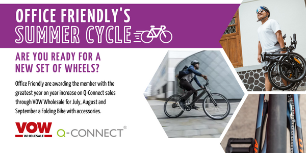 officefriendly's tweet photo. This Summer, check out our new incentive for Office Friendly members!  🌞🚴‍♂️ 

We are awarding the member with the greatest year on year increase on Q-Connect sales through VOW Wholesale for July, August and September with a Folding Bike and accessories!

 #WIN #SummerCycle https://t.co/csCrrI9cJA