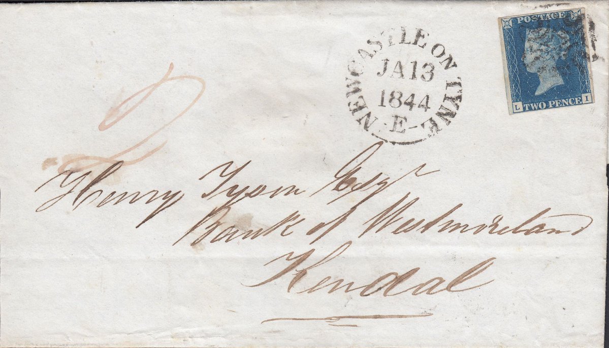 1840 2d blue plate 2 on cover from #Newcastle on Tyne to Kendal. Very fine and scarce provincial usage of the first issue 2d blue. #philately  #stampcollecting #stamps #philatelic #stampcollector #postalhistory #lookfortheshield #queenvictoria #gbstamps #2dblue