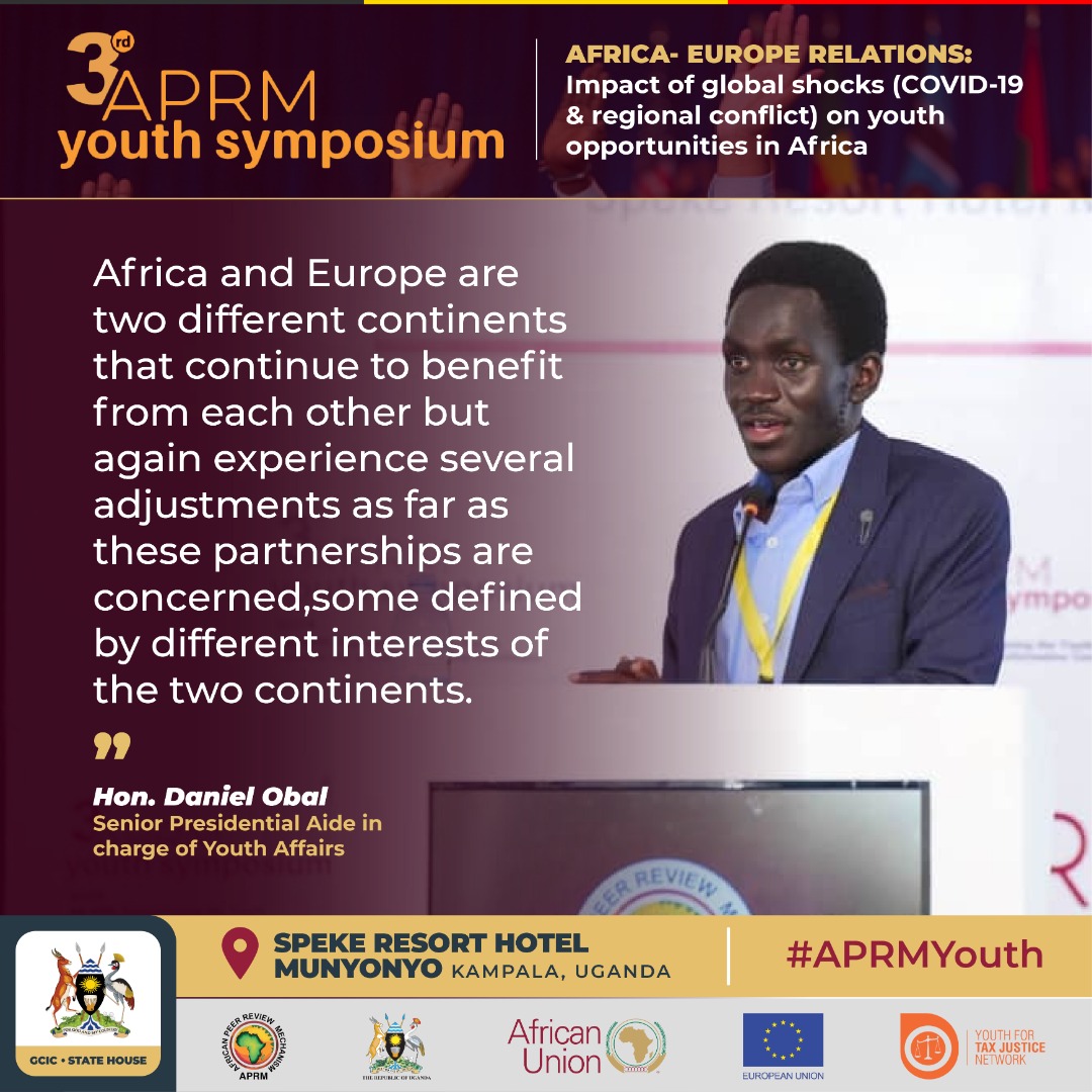 GovUganda's tweet photo. .@obaldanzy :Africa and Europe are two different continents that continue to benefit from each other but again experience several adjustments as far as these partnerships are concerned. Some defined by different interests of the two continents. #APRMYouth https://t.co/a74NGrH8pZ