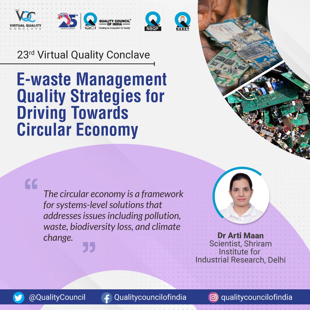 QualityCouncil's tweet photo. #VirtualQualityConclave
The circular economy is a framework for systems-level solutions that address issues including pollution, waste, biodiversity loss, and climate change.-Dr. Arti Maan, Scientist, Shriram Institute for Industrial Research, Delhi
#business #environment #VQC https://t.co/XC1Ze69RuH