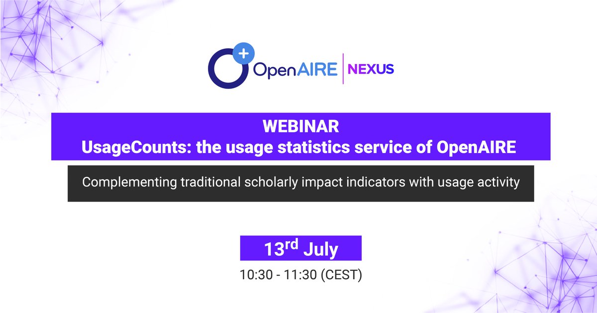 OpenAIRE_eu's tweet photo. 🤔Do you need an overview of #research outcomes per country or domain?
Are you interested in getting trustable, accurate statistics of #OpenScience research?
👉Join us on this Webinar - #OpenAIRE_UsageCounts - 13th July @ 10h30 CEST 👨🏫
Registrations 👉https://t.co/LDHvCFdipv https://t.co/rVQao9VTBF