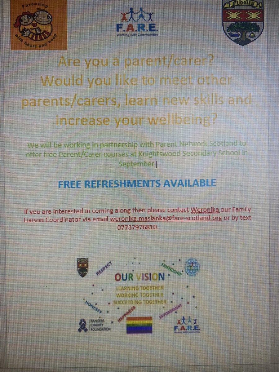 KSSFamilyLearning (@kssfamilylearn) on Twitter photo ‼️We have some exciting news to share with you‼️
We will be working in partnership with Tracey from @pns2018 to offer <a href="/KnightswoodSec/">KSS</a> Parent/Carer courses.
Please contact @WeronikaFare to sign up
#LearningTogether
#WorkingTogether
#SucceedingTogether
<a href="/KssParent/">KSS Parent Council</a> <a href="/ksspastoralcare/">Knightswood Secondary Pastoral Care</a> ‼️We have some exciting news to share with you‼️
We will be working in partnership with Tracey from @pns2018 to offer <a href="/KnightswoodSec/">KSS</a> Parent/Carer courses.
Please contact @WeronikaFare to sign up
#LearningTogether
#WorkingTogether
#SucceedingTogether
<a href="/KssParent/">KSS Parent Council</a> <a href="/ksspastoralcare/">Knightswood Secondary Pastoral Care</a>