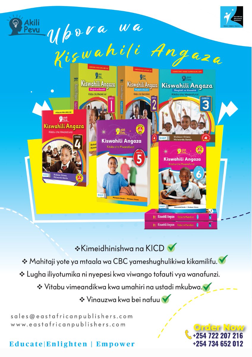 EAPublishers's tweet photo. Tunaposherehekea Siku ya Lugha ya Kiswahili Duniani, jinyakulie nakala ya vitabu vyetu vya kiada vya Kiswahili Angaza kutoka kwenye maduka ya vitabu kote nchini.
#SwahiliDay #swahilination #swahili #swahiliinspiration #eaep #homeoftheafricanstory https://t.co/GiQQUHT0qi