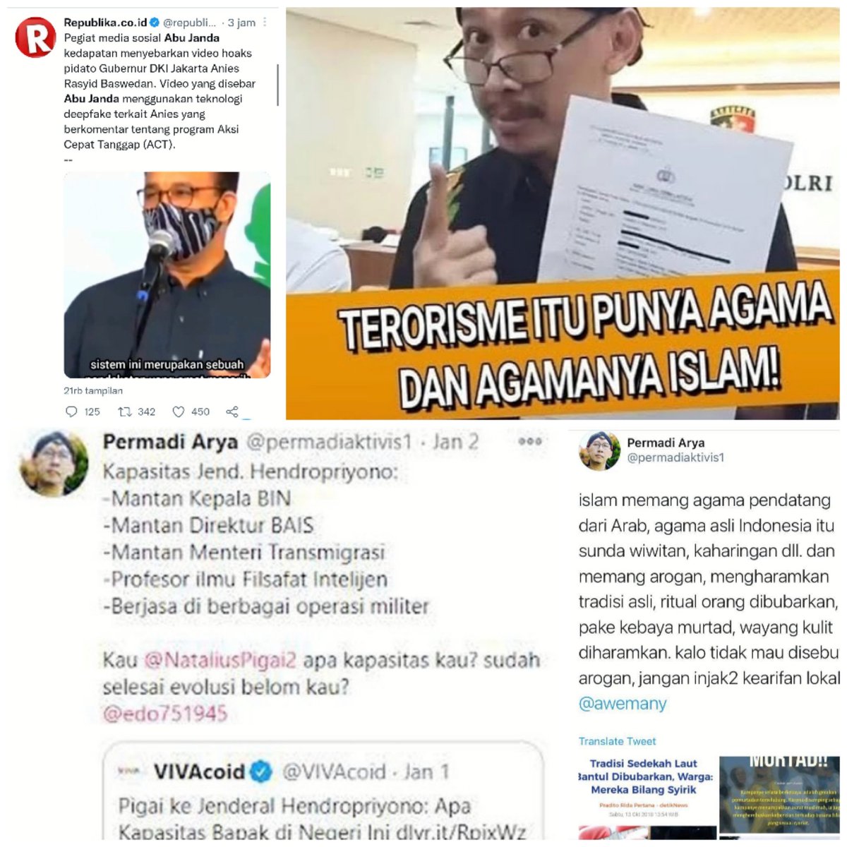 1. Papua blm selesai evolusi
2. Islam agama arogan
3. Teroris agamanya Islam
4. Edit video Anies

Laporan sdh numpuk tapi bedebah rasis &amp; islamopobia ini selalu lolos dari jerat hukum..

Negara tdk boleh kalah oleh buzzer pemecah belah, Retweet keras!! #TangkapAbuJanda
