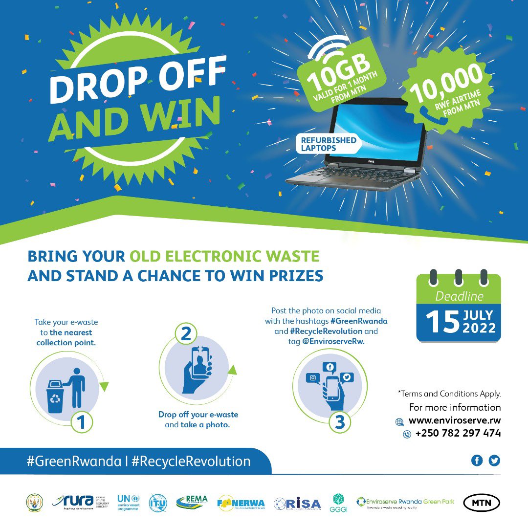 MTNRwanda's tweet photo. Take part in the #DropOffAndWin competition and help boost the collection of e-waste in Rwanda. Drop off your old electronics at @EnviroserveRw’s collection site and stand a chance to win free data &amp; airtime prizes from MTN.
#GreenRwanda 🇷🇼🌿 |#RecycleRevolution ♻️ https://t.co/wV8ZkWb1GA