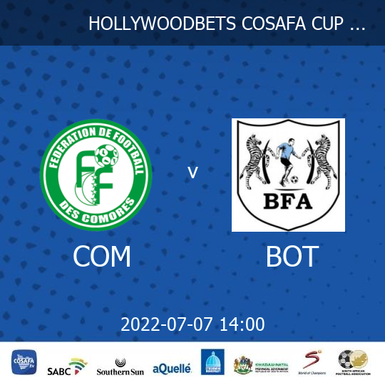 COSAFAMEDIA's tweet photo. HOLLYWOODBETS COSAFA CUP 2022 - Comoros v Botswana 2022-07-07 14:00. Check out the full statistics here #BOTCOM - https://t.co/QrMuPWxXKZ https://t.co/Mt1FrADzR8
