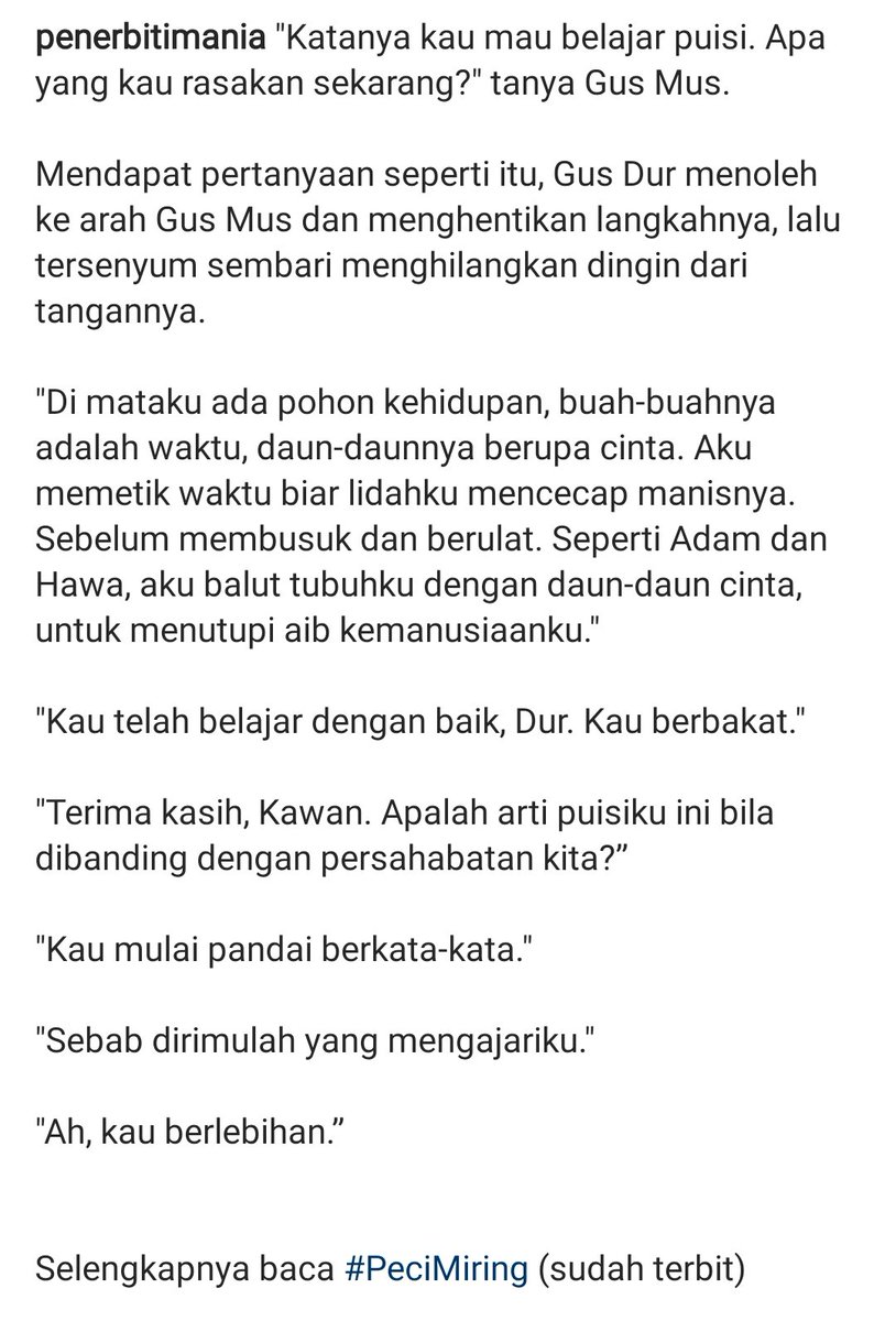 penerbitimania's tweet photo. Cuplikan novel biografi Gus Dur #PeciMiring https://t.co/73NnpMyKI6