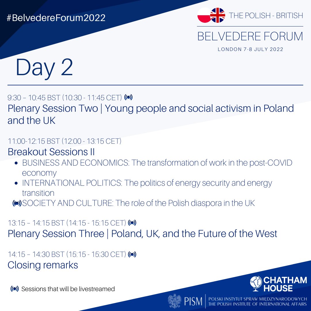 Over the 2 days of the #BelvedereForum2022, participants from various fields of expertise will discuss the most urgent issues facing #Poland and the #UK.

Make sure to check out the agenda and join us online by registering through the link➡️chathamhouse.org/events/all/res…