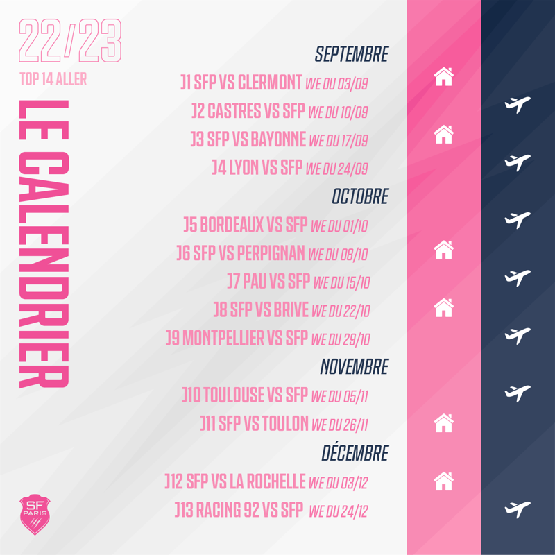 SFParisRugby's tweet photo. 🆕🗓 𝚂𝙰𝙸𝚂𝙾𝙽 𝟸𝟸.𝟸𝟹

Nos Parisiens donneront le coup d'envoi de leur saison à 𝗝𝗲𝗮𝗻 𝗕𝗼𝘂𝗶𝗻 face à l'@ASMOfficiel, le weekend du 3 septembre 🔥

Toutes les dates ⤵️ #SFParis