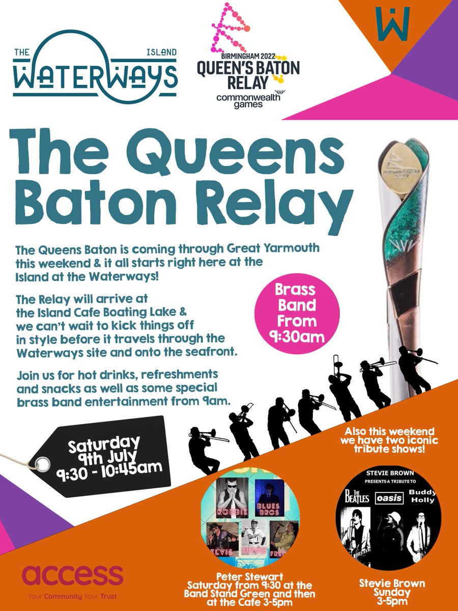 WaterwayProject's tweet image. This Saturday is the Queens Baton Relay! 🇬🇧🎺

We've got a brass band, live performers, hot drinks and snacks and the #commonwealthgames baton at the Island Cafe &amp;amp; Waterways.

Have a read of the poster below &amp;amp; come on down this Saturday from 9am to celebrate! 👇