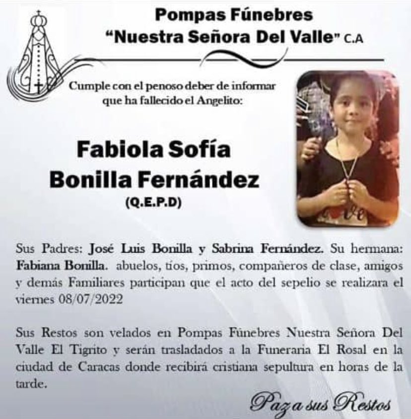 Mirianza's tweet photo. En la 🇻🇪 de bodegones, conciertos y 🔌 hoy velamos a mi nietecita de 7 años Fabiola, salvaje y violentamente por A$3Sinos miembros de una banda. CDSPM Nunca perdonaré a los q ocasionaron esta pérdida irreparable. Mi ángel en el cielo Peukita https://t.co/7rjuAB01iX